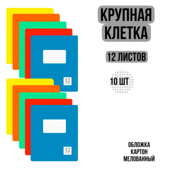 Комплект из тетрадей школьных всех цветов Крупная Клетка 12 листов - 10 штук купить